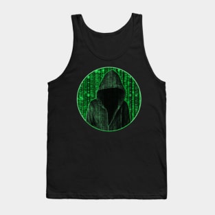 Hooded hacker in binary matrix rain Tank Top